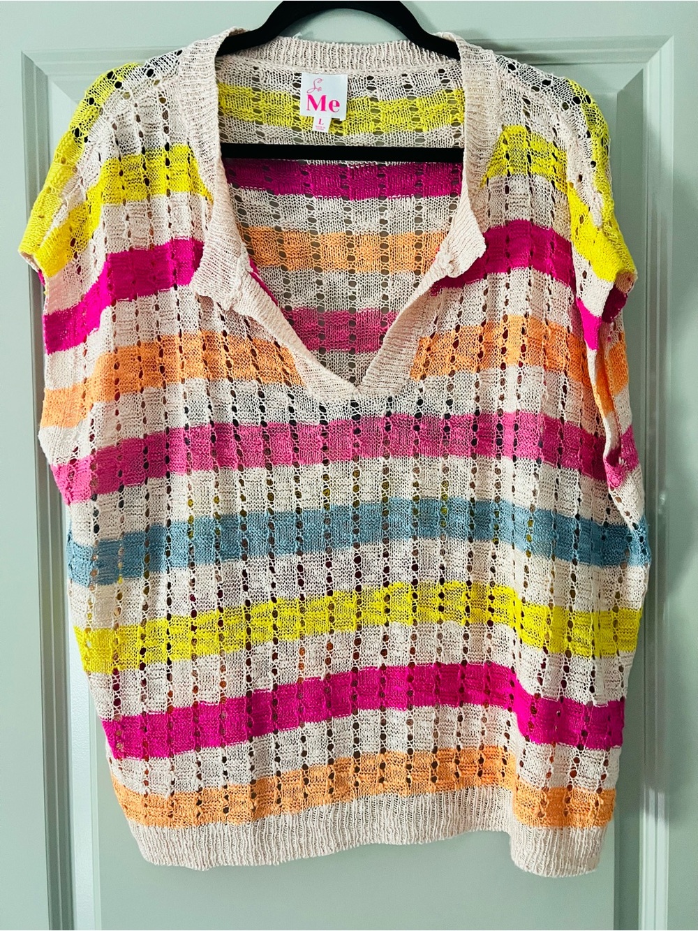 So Me Neon Pink, Yellow, Orange & Cream Striped Open-Knit Top